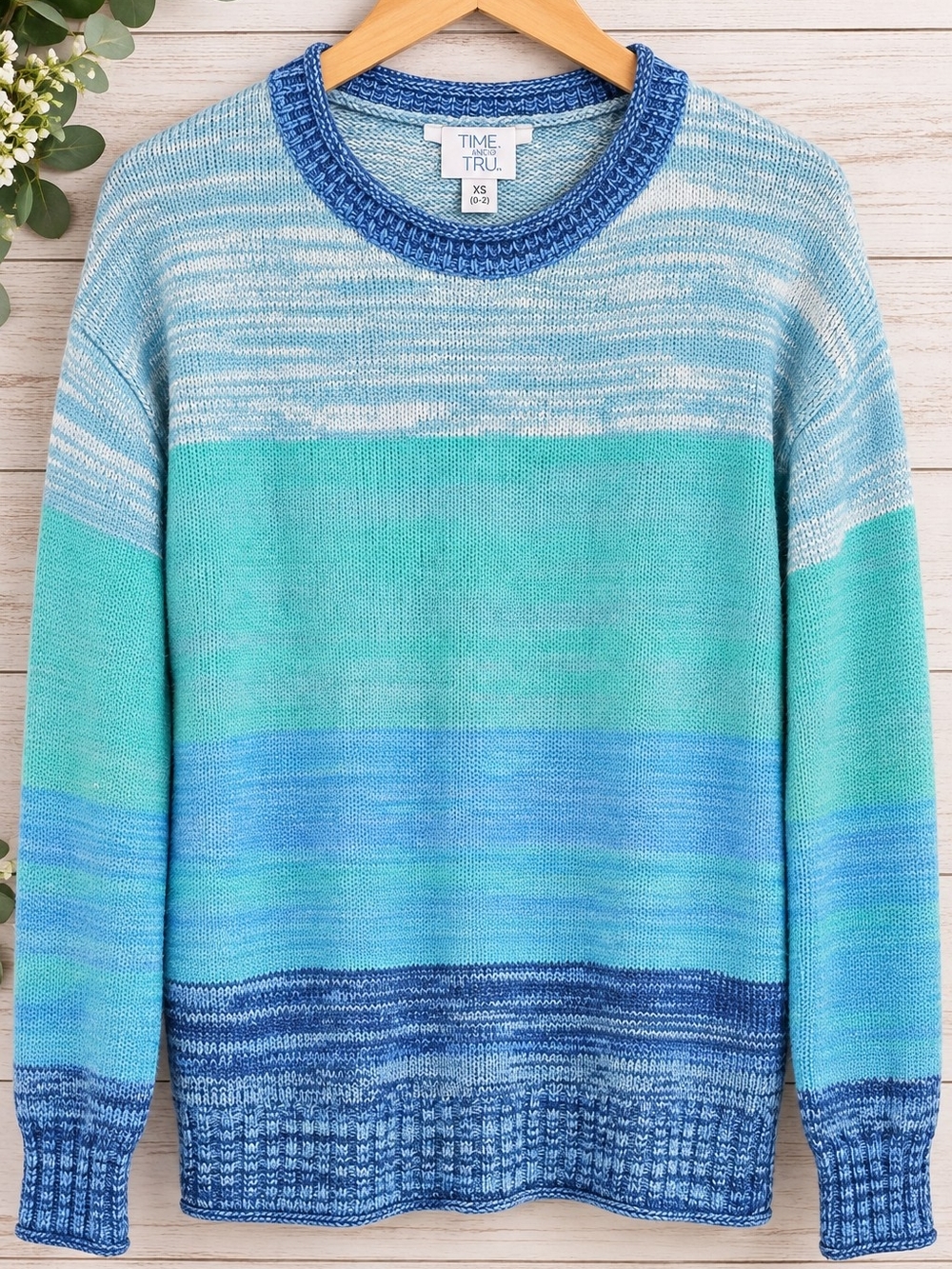 Time and Tru Blue Aqua Colorblock Knit Sweater XS 0-2
